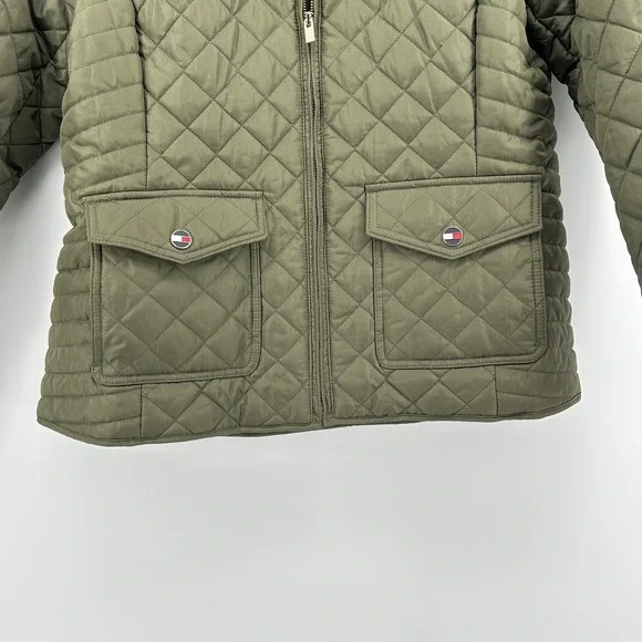Tommy Hilfiger Olive Green Quilted Jacket Women's Size Large Padded Coat - Picture 6 of 10